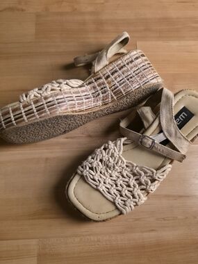 Wanted Cream Woven Espadrille Wedge Sandals